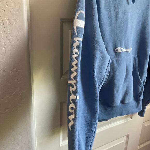 Champion Reverse Weave Embroidered Spellout Blue Hoodie - Size Medium - Picture 3 of 8